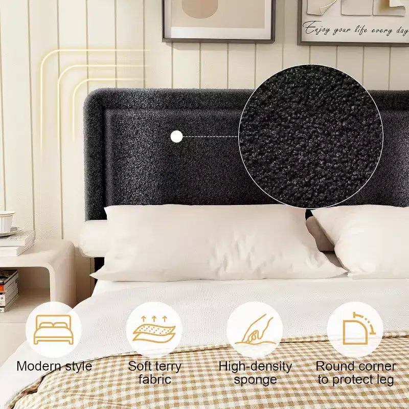 Base letto Boucle Dyonery, base letto imbottita in tessuto Teddy nero con testiera, non è richiesta la rete a doghe, testiera regolabile, facile montaggio