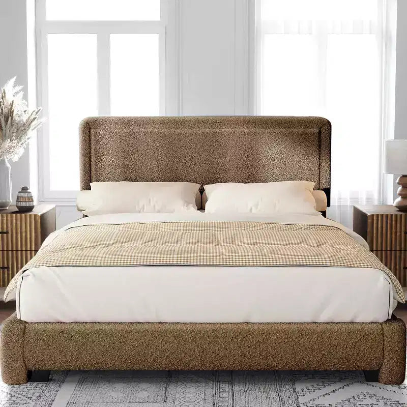 Base letto Boucle Dyonery, base letto imbottita in tessuto Teddy nero con testiera, non è richiesta la rete a doghe, testiera regolabile, facile montaggio
