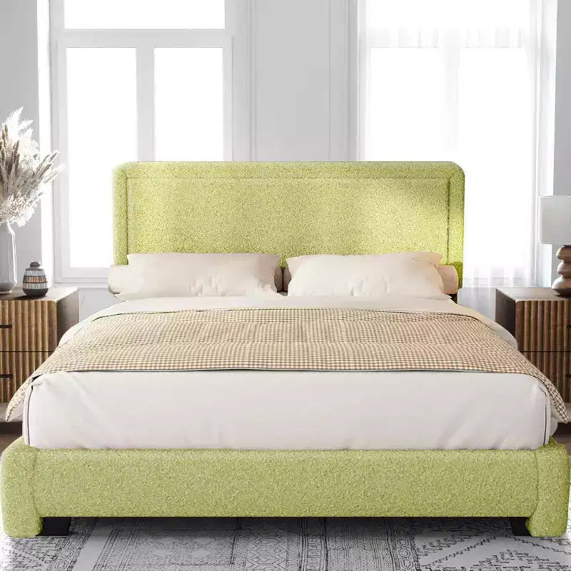 Base letto Boucle Dyonery, base letto imbottita in tessuto Teddy nero con testiera, non è richiesta la rete a doghe, testiera regolabile, facile montaggio