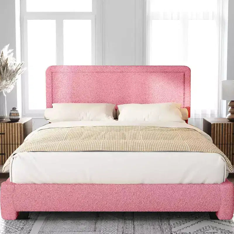 Base letto Boucle Dyonery, base letto imbottita in tessuto Teddy nero con testiera, non è richiesta la rete a doghe, testiera regolabile, facile montaggio