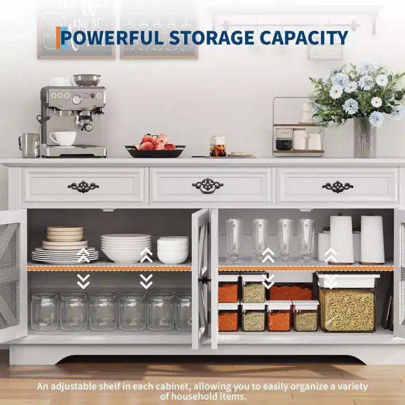 70 Sideboard Buffet Cabinet, Wooden Coffee Bar Cabinet with 3 Drawers & 4 Mesh Barn Doors, Entryway Console Table, Floor Cupboard Cabinet for Kitchen