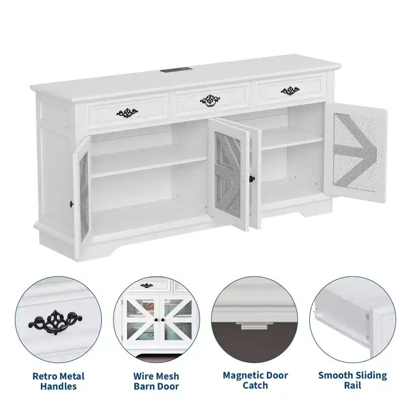 70 Sideboard Buffet Cabinet, Wooden Coffee Bar Cabinet with 3 Drawers & 4 Mesh Barn Doors, Entryway Console Table, Floor Cupboard Cabinet for Kitchen