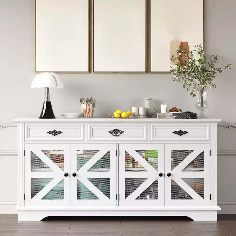 70 Sideboard Buffet Cabinet, Wooden Coffee Bar Cabinet with 3 Drawers & 4 Mesh Barn Doors, Entryway Console Table, Floor Cupboard Cabinet for Kitchen