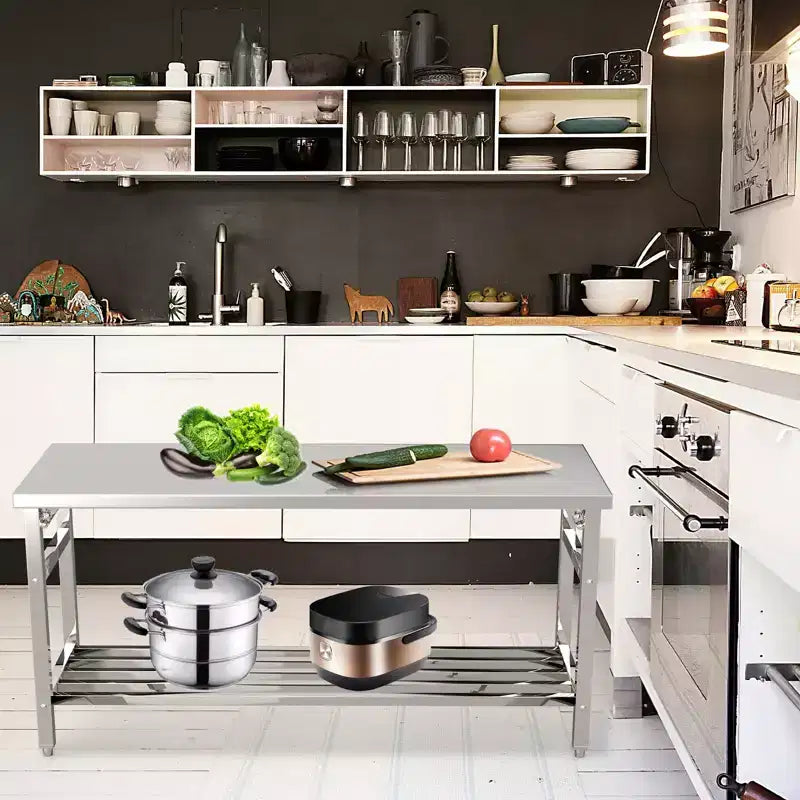 Tavolo da Lavoro in Acciaio Inox per Cucina Commerciale - Tavolo da Preparazione Pieghevole con Ripiano Regolabile, Banco da Lavoro in Metallo per Alimenti per Ristorante, Casa