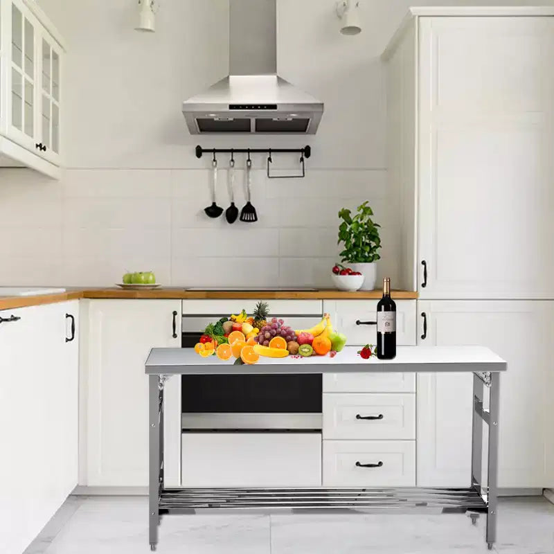 Tavolo da Lavoro in Acciaio Inox per Cucina Commerciale - Tavolo da Preparazione Pieghevole con Ripiano Regolabile, Banco da Lavoro in Metallo per Alimenti per Ristorante, Casa