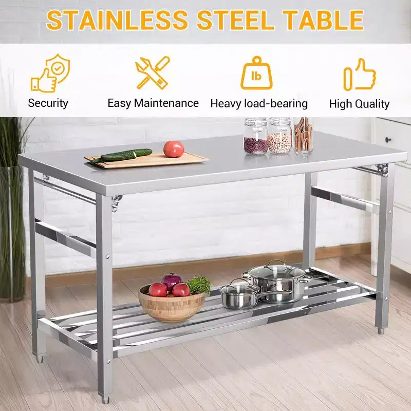 Tavolo da Lavoro in Acciaio Inox per Cucina Commerciale - Tavolo da Preparazione Pieghevole con Ripiano Regolabile, Banco da Lavoro in Metallo per Alimenti per Ristorante, Casa