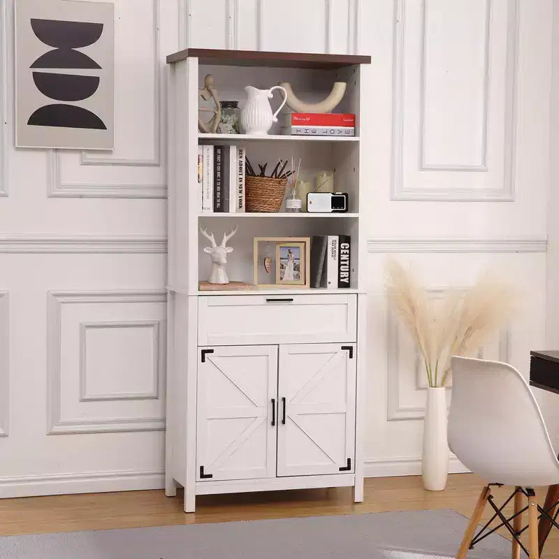 COZONY 72" Libreria a 6 Livelli in Stile Rustico con Ante, Mobiletto e Cassetto, Libreria in Legno con Ripiani Regolabili per Soggiorno, Cucina e Camera da Letto