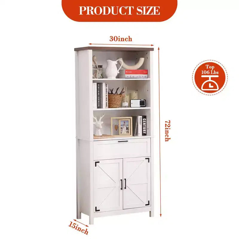 COZONY 72" Libreria a 6 Livelli in Stile Rustico con Ante, Mobiletto e Cassetto, Libreria in Legno con Ripiani Regolabili per Soggiorno, Cucina e Camera da Letto