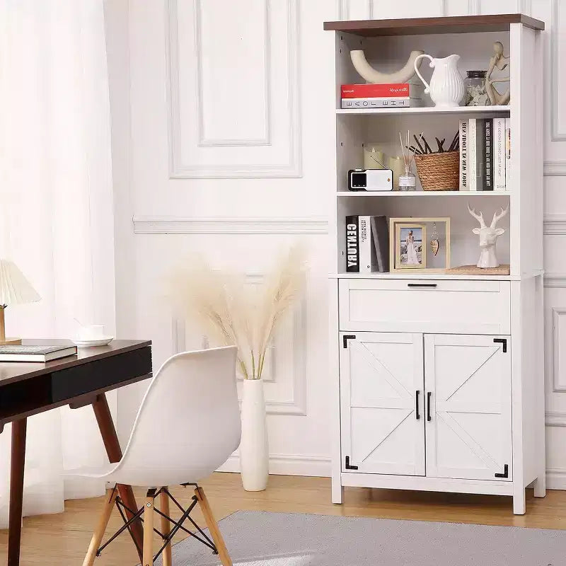 COZONY 72" Libreria a 6 Livelli in Stile Rustico con Ante, Mobiletto e Cassetto, Libreria in Legno con Ripiani Regolabili per Soggiorno, Cucina e Camera da Letto