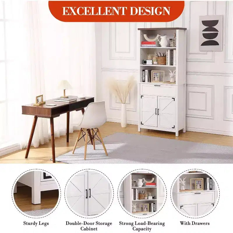 COZONY 72" Libreria a 6 Livelli in Stile Rustico con Ante, Mobiletto e Cassetto, Libreria in Legno con Ripiani Regolabili per Soggiorno, Cucina e Camera da Letto