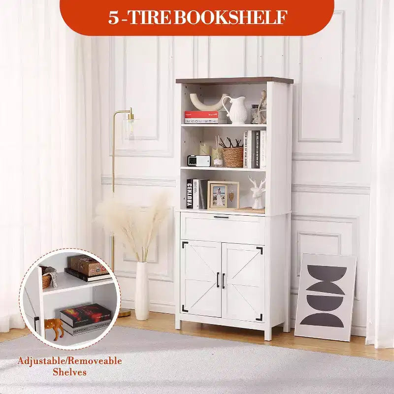 COZONY 72" Libreria a 6 Livelli in Stile Rustico con Ante, Mobiletto e Cassetto, Libreria in Legno con Ripiani Regolabili per Soggiorno, Cucina e Camera da Letto