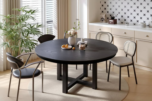 PexFix 59 x 59 Solid Wood Farmhouse Dining Table Round Wood Texture Top with Cross X Base for Modern Dining Rooms & Family Gatherings Black
