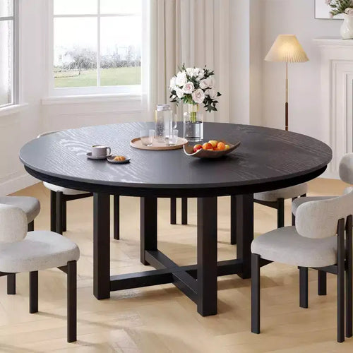 Tavolo da pranzo rotondo da 59" in legno massello stile rustico con base a X – Nero