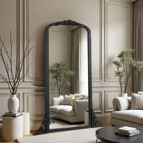 Specchio a figura intera 67x28 pollici in legno massello intagliato ad angolo retto con micro arco nero (senza staffa)