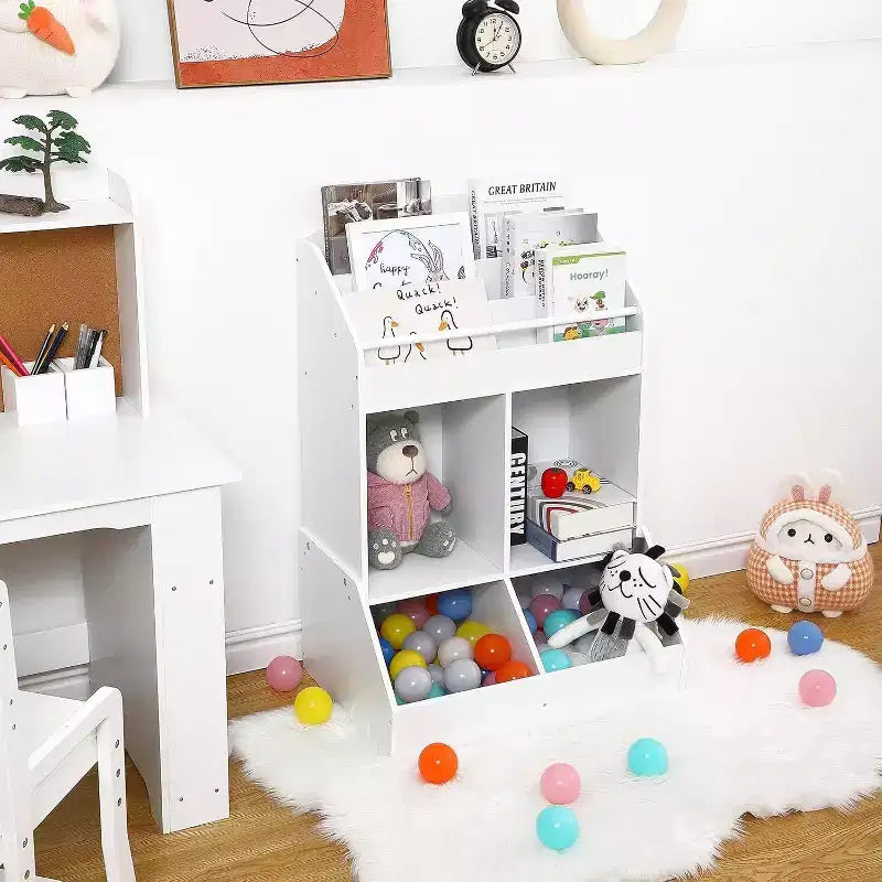 Acekool Kids Toy Organizer and Bookshelf, 3-Tier Sling Book Rack with 2 Storage Bins, Pine Wood, Child Safe, 35x14x39 for Playroom Bedroom