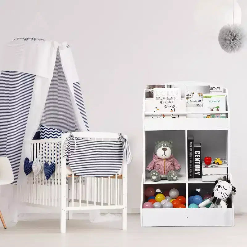 Acekool Kids Toy Organizer and Bookshelf, 3-Tier Sling Book Rack with 2 Storage Bins, Pine Wood, Child Safe, 35x14x39 for Playroom Bedroom