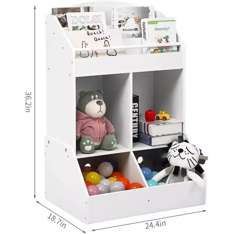 Acekool Kids Toy Organizer and Bookshelf, 3-Tier Sling Book Rack with 2 Storage Bins, Pine Wood, Child Safe, 35x14x39 for Playroom Bedroom