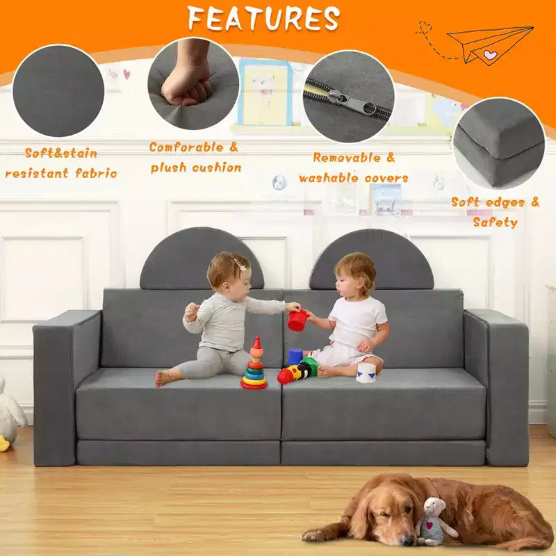 Divano modulare per bambini Kids Play Couch, 8 pezzi, per cameretta e asilo nido, divano trasformabile per bambini con rivestimento sfoderabile, grigio scuro
