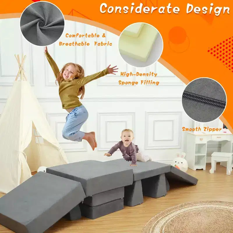 Divano modulare per bambini Kids Play Couch, 8 pezzi, per cameretta e asilo nido, divano trasformabile per bambini con rivestimento sfoderabile, grigio scuro