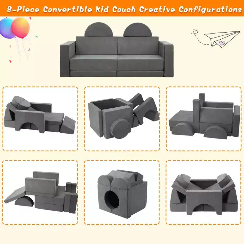 Divano modulare per bambini Kids Play Couch, 8 pezzi, per cameretta e asilo nido, divano trasformabile per bambini con rivestimento sfoderabile, grigio scuro