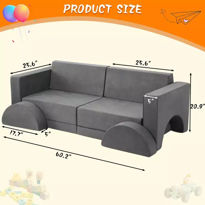 Divano modulare per bambini Kids Play Couch, 8 pezzi, per cameretta e asilo nido, divano trasformabile per bambini con rivestimento sfoderabile, grigio scuro