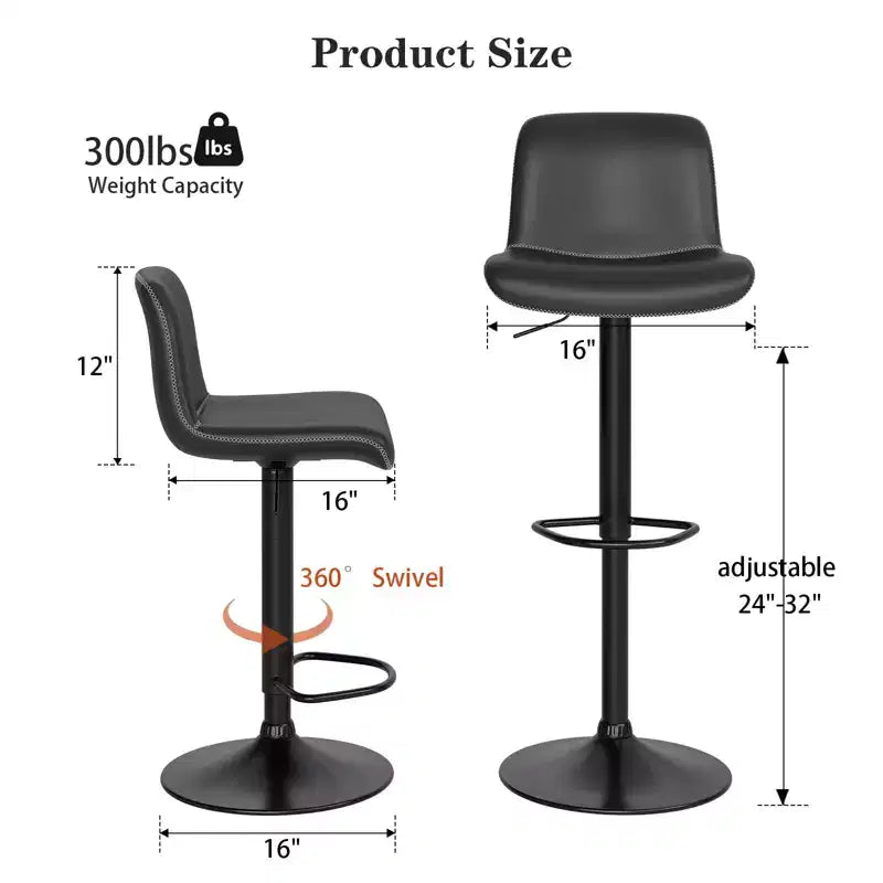 Bar Stools, Counter Stools - Adjustable Swivel Set with Soft Cushioned PU Leather, Backrest & Footrest for Dining Room, Kitchen Counter