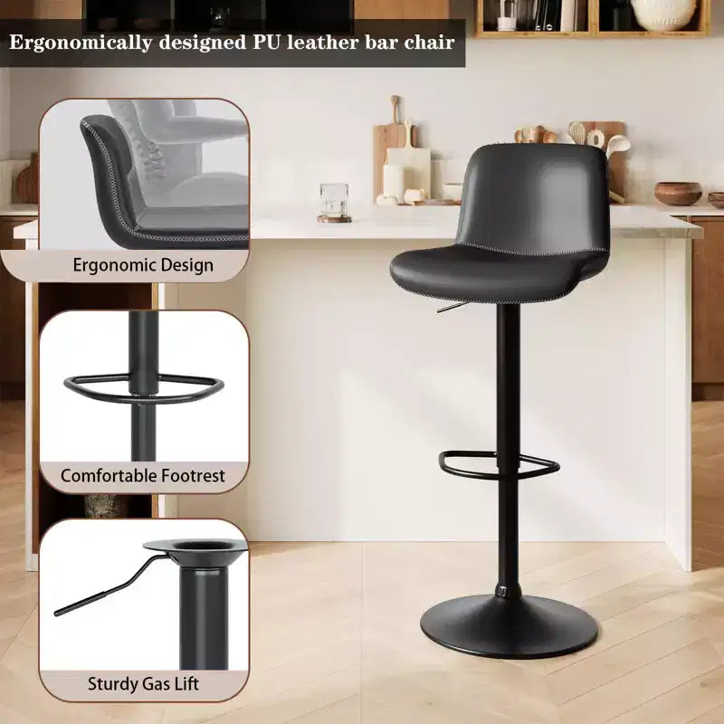 Bar Stools, Counter Stools - Adjustable Swivel Set with Soft Cushioned PU Leather, Backrest & Footrest for Dining Room, Kitchen Counter