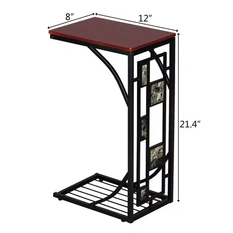Tavolino a C Monostrato Smontato e Assemblato con Piano in MDF Marrone, Telaio in Ferro Verniciato a Polvere Nero, Motivo Gravel