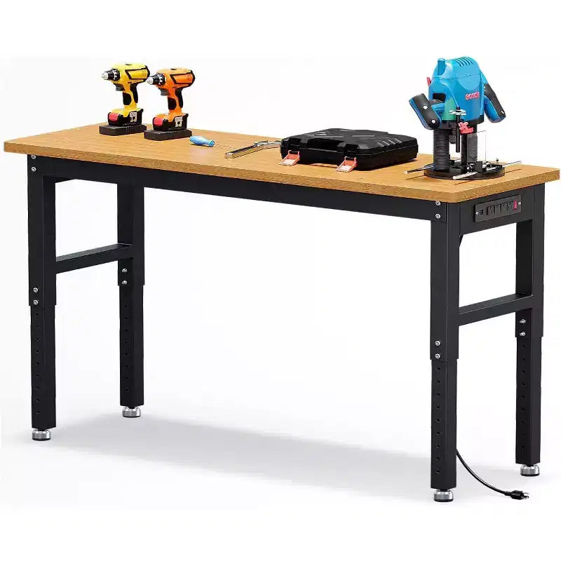 Banco da Lavoro da Garage Acekool 60, Regolabile in Altezza, con Piano in Legno Massiccio, Capacità 1000 kg, Prese di Corrente e Piedini Antiscivolo, per Carichi Pesanti