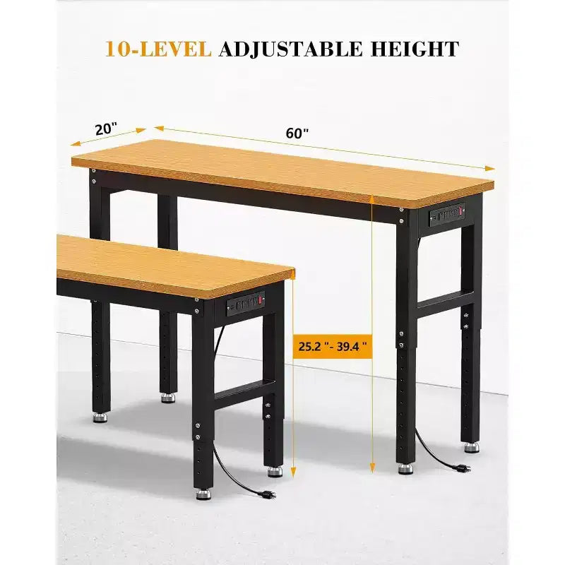 Banco da Lavoro da Garage Acekool 60, Regolabile in Altezza, con Piano in Legno Massiccio, Capacità 1000 kg, Prese di Corrente e Piedini Antiscivolo, per Carichi Pesanti