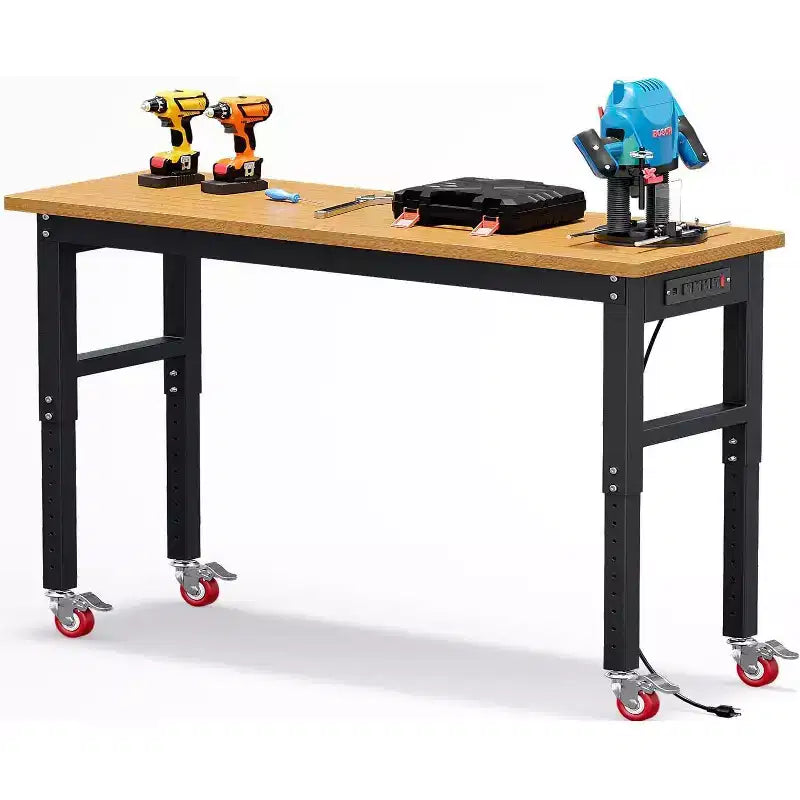 Banco da Lavoro da Garage Acekool 60, Regolabile in Altezza, con Piano in Legno Massiccio, Capacità 1000 kg, Prese di Corrente e Piedini Antiscivolo, per Carichi Pesanti