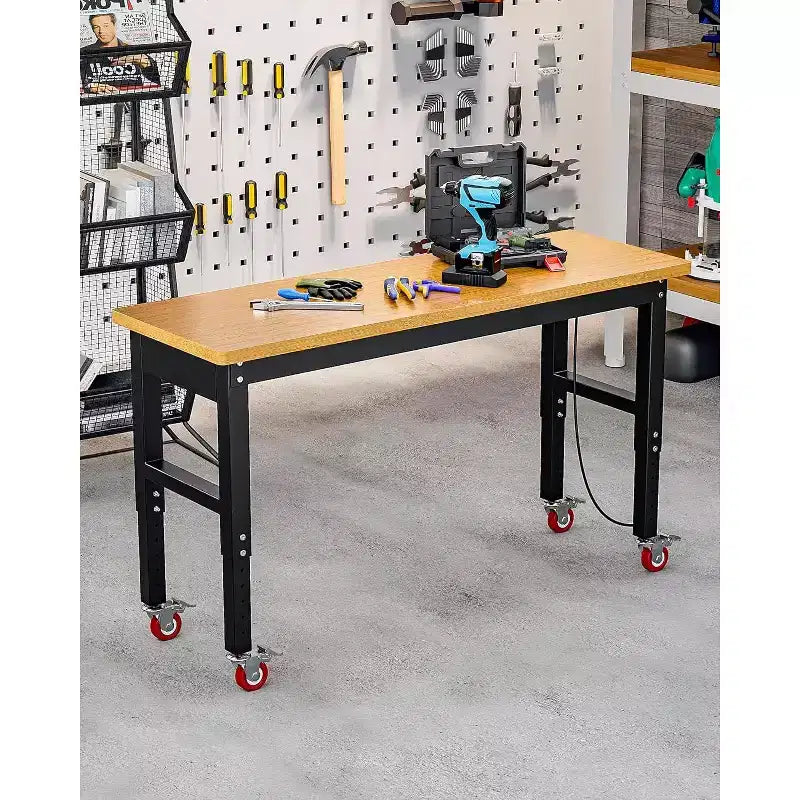 Banco da Lavoro da Garage Acekool 60, Regolabile in Altezza, con Piano in Legno Massiccio, Capacità 1000 kg, Prese di Corrente e Piedini Antiscivolo, per Carichi Pesanti