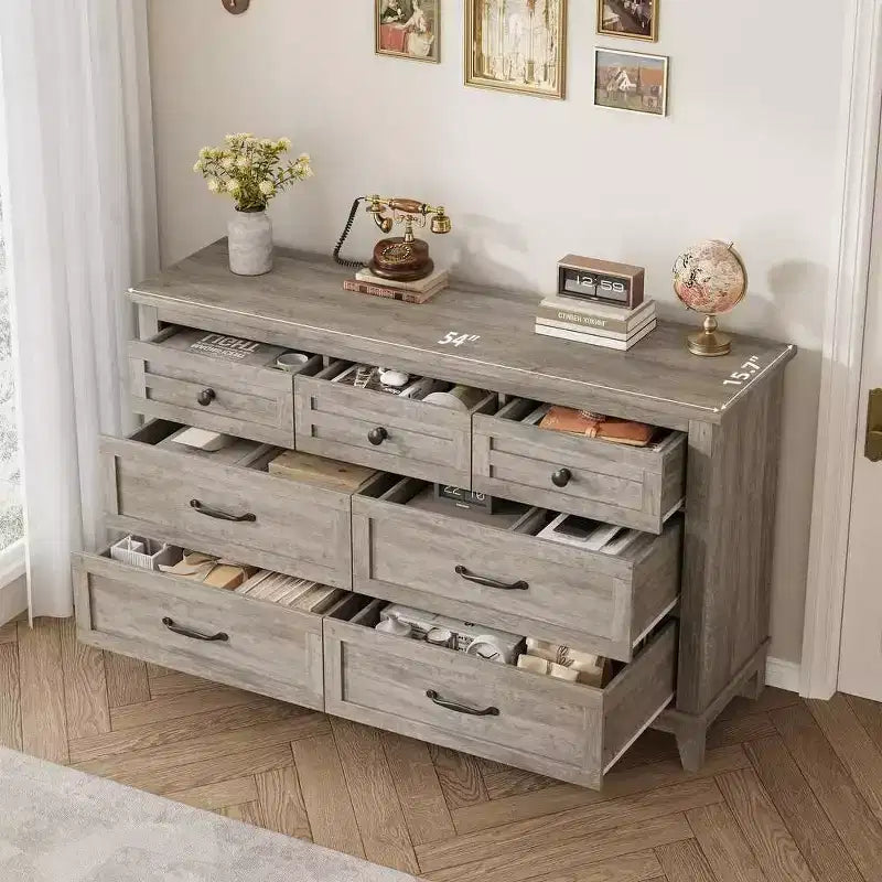 Cassettiera da camera Coolmee a 7 cassetti, cassettiera rustica in legno con texture naturale, organizer per camera da letto, soggiorno