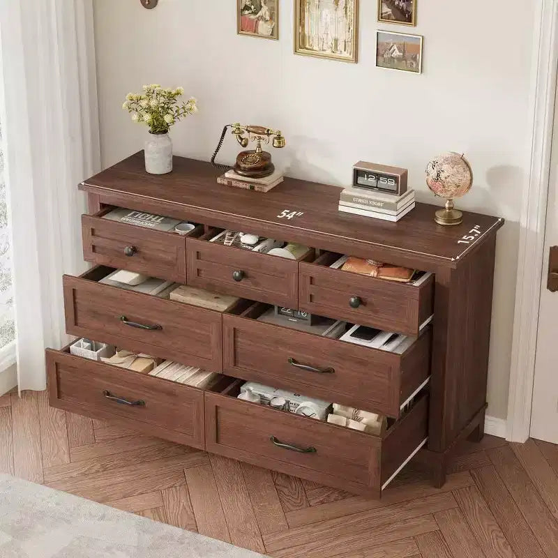 Cassettiera da camera Coolmee a 7 cassetti, cassettiera rustica in legno con texture naturale, organizer per camera da letto, soggiorno