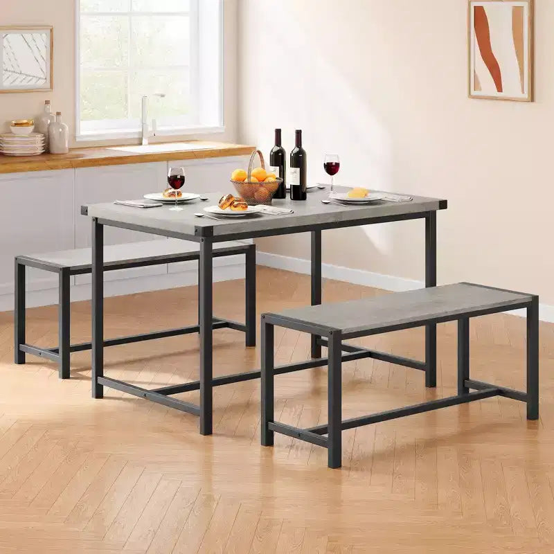 3-Piece Dining Table Set for 4 with 2 Benches, Kitchen Table with Corner Protectors, H-Shaped Frame, Compact for Apartments & Small Spaces
