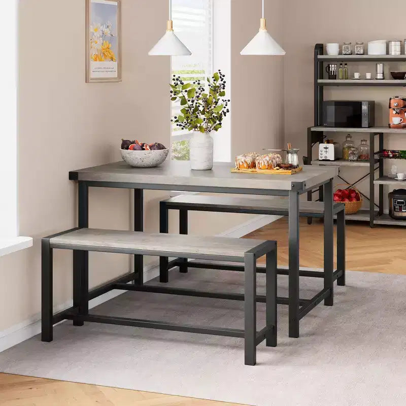 3-Piece Dining Table Set for 4 with 2 Benches, Kitchen Table with Corner Protectors, H-Shaped Frame, Compact for Apartments & Small Spaces