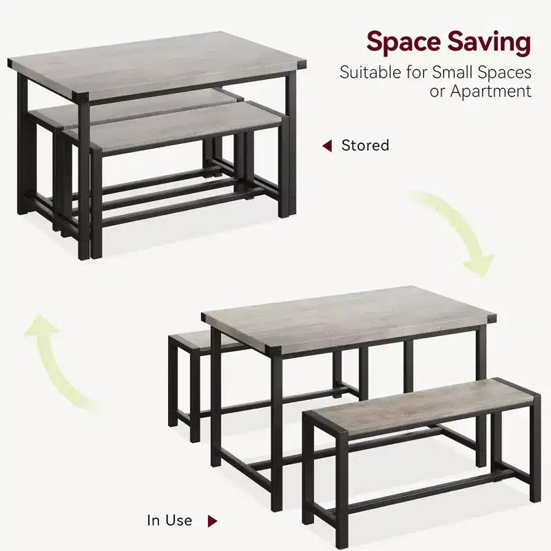 3-Piece Dining Table Set for 4 with 2 Benches, Kitchen Table with Corner Protectors, H-Shaped Frame, Compact for Apartments & Small Spaces