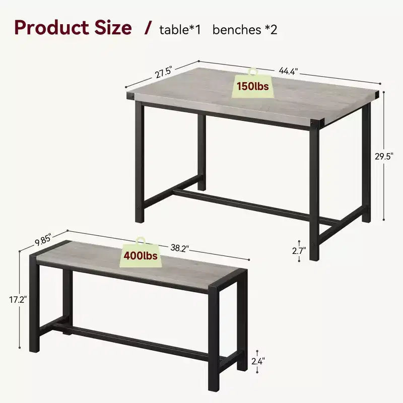 3-Piece Dining Table Set for 4 with 2 Benches, Kitchen Table with Corner Protectors, H-Shaped Frame, Compact for Apartments & Small Spaces