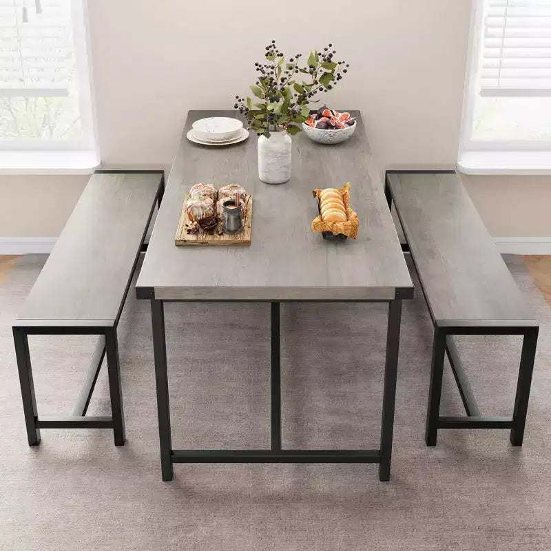 3-Piece Dining Table Set for 4 with 2 Benches, Kitchen Table with Corner Protectors, H-Shaped Frame, Compact for Apartments & Small Spaces