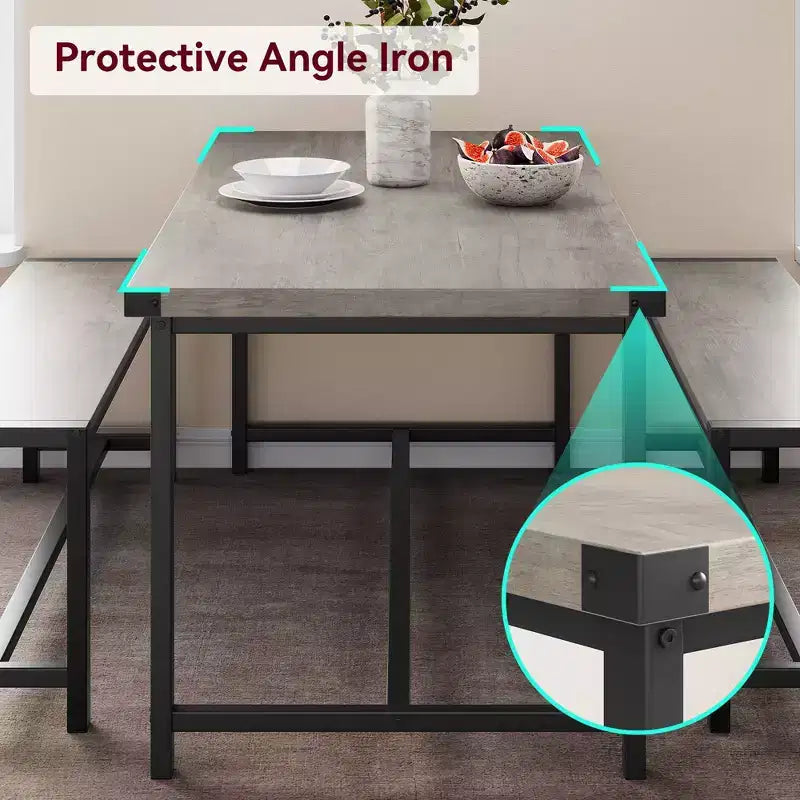 3-Piece Dining Table Set for 4 with 2 Benches, Kitchen Table with Corner Protectors, H-Shaped Frame, Compact for Apartments & Small Spaces