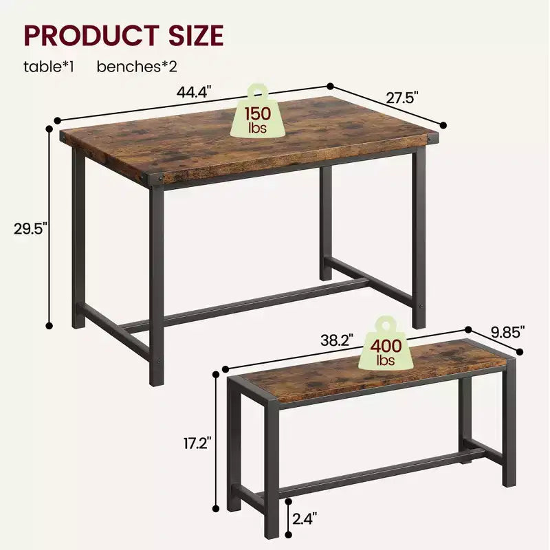 3-Piece Dining Table Set for 4 with 2 Benches, Kitchen Table with Corner Protectors, H-Shaped Frame, Compact for Apartments & Small Spaces