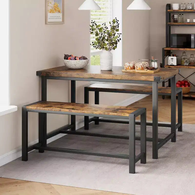 3-Piece Dining Table Set for 4 with 2 Benches, Kitchen Table with Corner Protectors, H-Shaped Frame, Compact for Apartments & Small Spaces