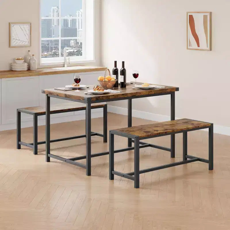 3-Piece Dining Table Set for 4 with 2 Benches, Kitchen Table with Corner Protectors, H-Shaped Frame, Compact for Apartments & Small Spaces