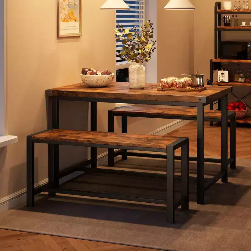 3-Piece Dining Table Set for 4 with 2 Benches, Kitchen Table with Corner Protectors, H-Shaped Frame, Compact for Apartments & Small Spaces