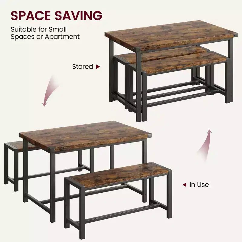 3-Piece Dining Table Set for 4 with 2 Benches, Kitchen Table with Corner Protectors, H-Shaped Frame, Compact for Apartments & Small Spaces