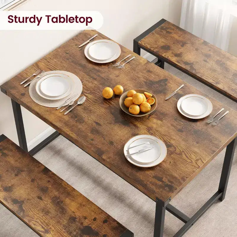 3-Piece Dining Table Set for 4 with 2 Benches, Kitchen Table with Corner Protectors, H-Shaped Frame, Compact for Apartments & Small Spaces