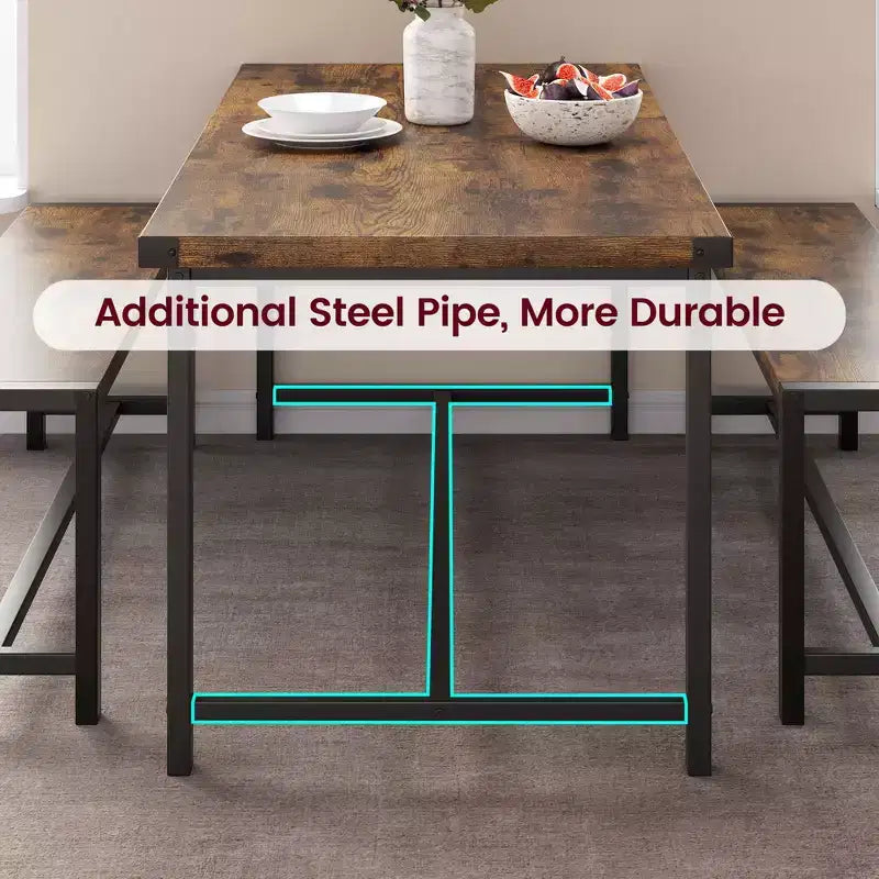 3-Piece Dining Table Set for 4 with 2 Benches, Kitchen Table with Corner Protectors, H-Shaped Frame, Compact for Apartments & Small Spaces