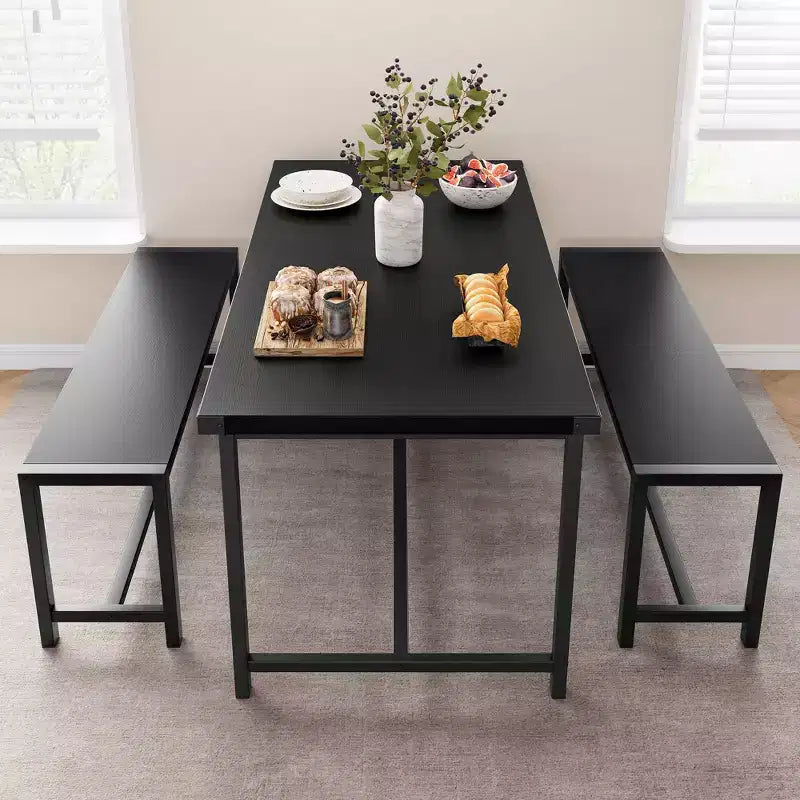 3-Piece Dining Table Set for 4 with 2 Benches, Kitchen Table with Corner Protectors, H-Shaped Frame, Compact for Apartments & Small Spaces