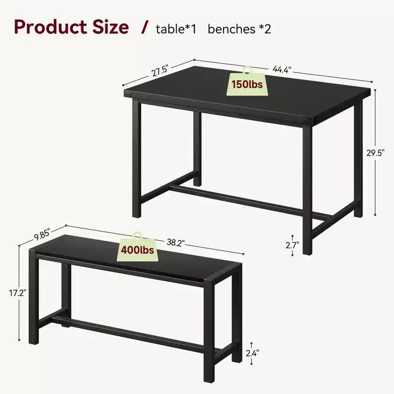 3-Piece Dining Table Set for 4 with 2 Benches, Kitchen Table with Corner Protectors, H-Shaped Frame, Compact for Apartments & Small Spaces