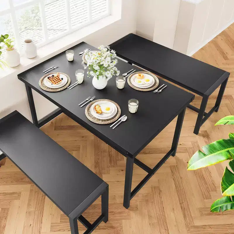 3-Piece Dining Table Set for 4 with 2 Benches, Kitchen Table with Corner Protectors, H-Shaped Frame, Compact for Apartments & Small Spaces